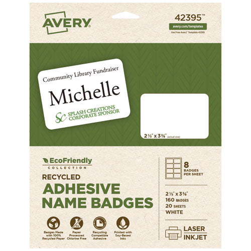 Image of Avery® 42395 Ecofriendly Adhesive Name Badge Labels, 3.38 X 2.33, White, 160/box