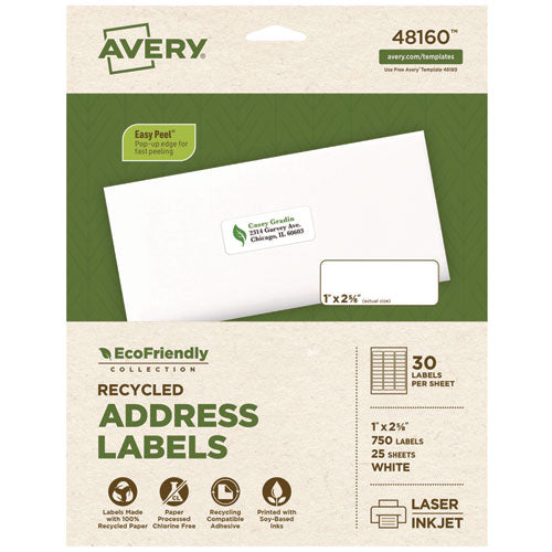 Image of Avery® 48160 Ecofriendly Mailing Labels, Inkjet/laser Printers, 1 X 2.63, White, 30/sheet, 25 Sheets/pack