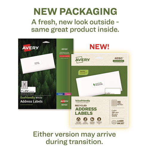 Image of Avery® 48160 Ecofriendly Mailing Labels, Inkjet/laser Printers, 1 X 2.63, White, 30/sheet, 25 Sheets/pack