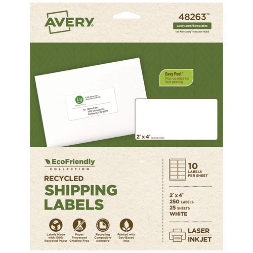 Image of Avery® 48263 Ecofriendly Mailing Labels, Inkjet/laser Printers, 2 X 4, White, 10/sheet, 25 Sheets/pack