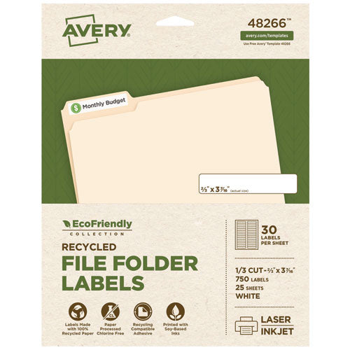 Image of Avery® 48266 Ecofriendly Permanent File Folder Labels, 0.66 X 3.44, White, 30/sheet, 25 Sheets/pack