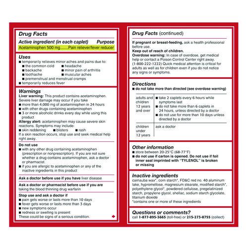 Image of Tylenol® 044909 Extra Strength Pain Reliever Caplets, 100 Count