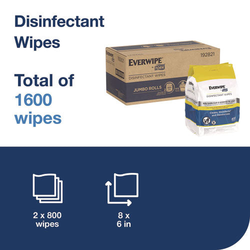 Image of Tork® 192821 Disinfectant Wipe Jumbo Rolls, 1-Ply, 8 x 6, Lemon, White, 800 Sheets, 2/Carton