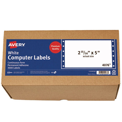 Image of Avery® 04076 Dot Matrix Printer Mailing Labels, Pin-Fed Printers, 2.94 X 5, White, 3,000/box