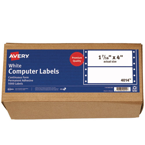 Image of Avery® 04014 Dot Matrix Printer Mailing Labels, Pin-Fed Printers, 1.44 X 4, White, 5,000/box