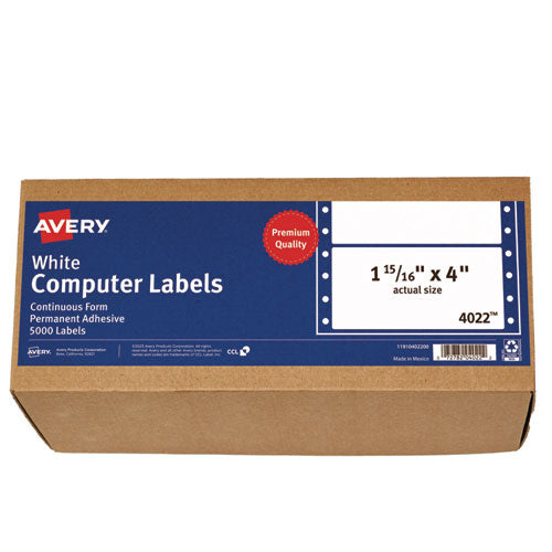 Image of Avery® 04022 Dot Matrix Printer Mailing Labels, Pin-Fed Printers, 1.94 X 4, White, 5,000/box