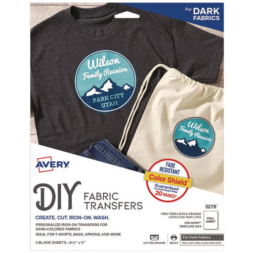 Image of Avery® 03279 Fabric Transfers for Dark-Colored Fabrics, 8.5 x 11, White, 5/Pack