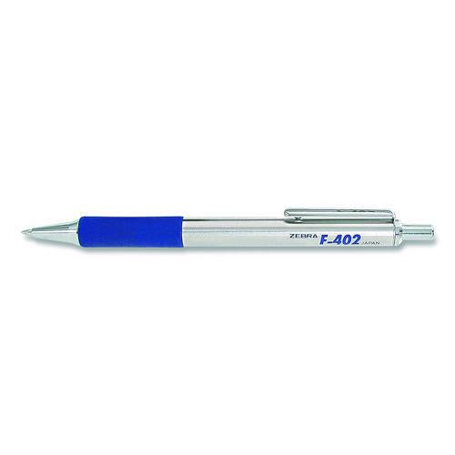 Image of Zebra® ZEB29220 F-402 Ballpoint Pen, Retractable, Fine 0.7 Mm, Blue Ink, Stainless Steel/blue Barrel