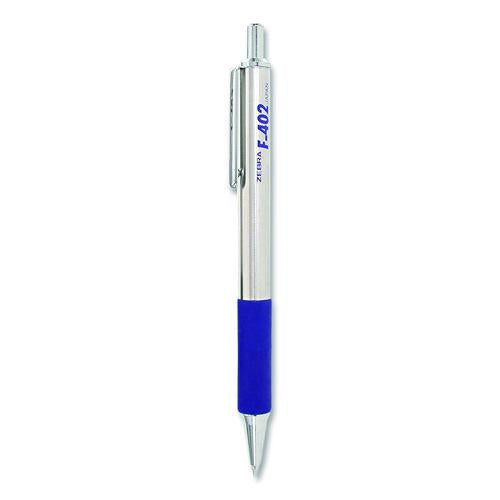 Image of Zebra® ZEB29220 F-402 Ballpoint Pen, Retractable, Fine 0.7 Mm, Blue Ink, Stainless Steel/blue Barrel