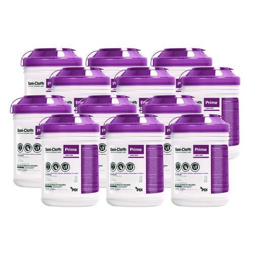 Image of Sani Professional® P25372 Sani-Cloth Prime Germicidal Disposable Wipes, Large, 1-Ply, 6 X 6.75, Unscented, White, 160/canister, 12 Canisters/carton