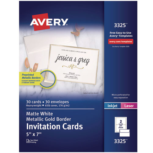 Image of Avery® 3325 Invitation Cards with Metallic Border, Inkjet/Laser, 80 lb, 5 x 7, Matte White, 2 Cards/Sheet, 15 Sheets/Pack