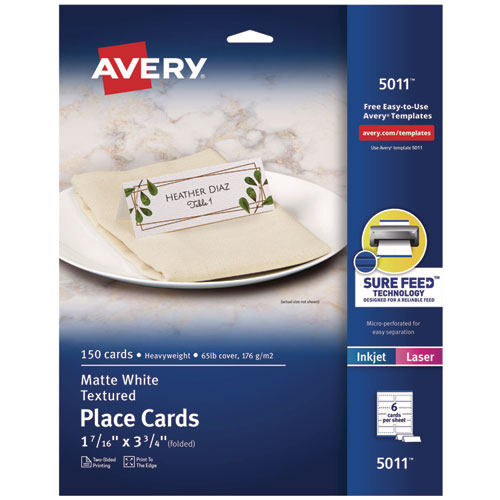 Image of AveryÂ® Small Textured Tent Cards, White, 3.75 x 1.44, 6 Cards/Sheet, 25 Sheets/Pack
