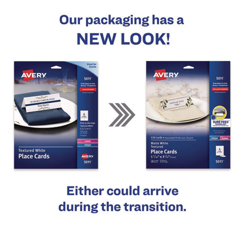 Image of AveryÂ® Small Textured Tent Cards, White, 3.75 x 1.44, 6 Cards/Sheet, 25 Sheets/Pack