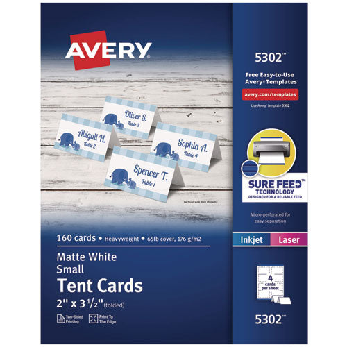 Image of Avery® 05302 Small Tent Card, White, 3.5 x 2, 4 Cards/Sheet, 40 Sheets/Pack