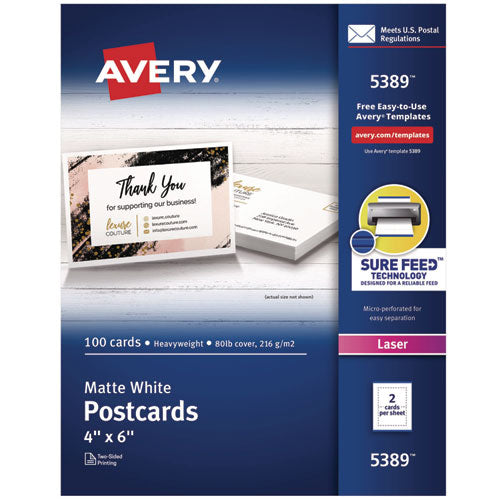 Image of Avery® 05389 Printable Postcards, Laser, 80 lb, 4 x 6, Matte White, 100 Cards, 2/Cards/Sheet, 50 Sheets/Box