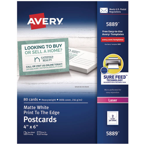 Image of Avery® 05889 Printable Postcards, Laser, 80 lb, 4 x 6, Matte White, 80 Cards, 2 Cards/Sheet, 40 Sheets/Box