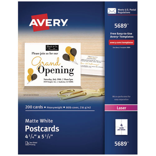 Image of Avery® 05689 Printable Postcards, Laser, 80 lb, 4.25 x 5.5, Matte White, 200 Cards, 4 Cards/Sheet, 50 Sheets/Box