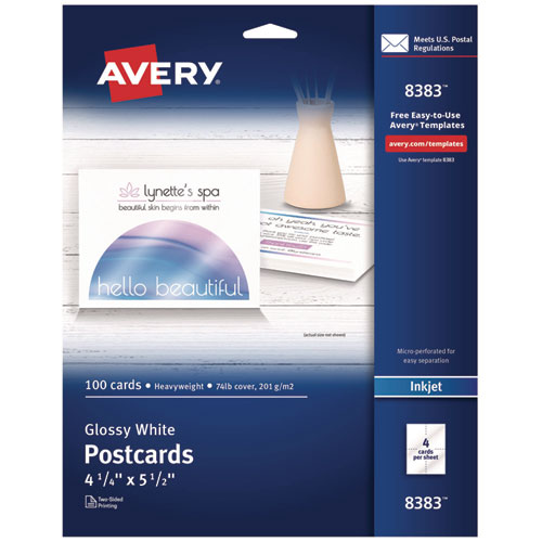 Image of Avery® 08383 Photo-Quality Printable Postcards, Inkjet, 74 Lb, 4.25 X 5.5, Glossy White, 100 Cards, 4 Cards/sheet, 25 Sheets/pack