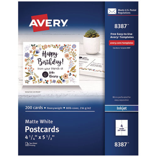 Image of Avery® 08387 Printable Postcards, Inkjet, 80 lb, 4.25 x 5.5, Matte White, 200 Cards, 4 Cards/Sheet, 50 Sheets/Box