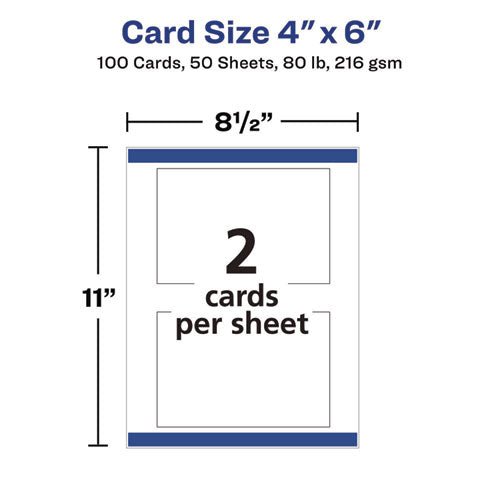 Image of Avery® 08386 Printable Postcards, Inkjet, 80 lb, 4 x 6, Matte White, 100 Cards, 2 Cards/Sheet, 50 Sheets/Box