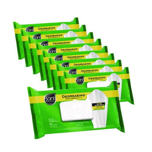 Image of Sani Professional® A12345 Degreasing Multi-Surface Wipes, 1-Ply, 11.5 x 10, 75, Floral Scent, White, Wipes/Pack, 9 Packs/Carton