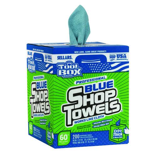 Image of Sellars® 55202 TOOLBOX Blue Shop Towels, 1-Ply, 10 x 12, Blue, 200 Sheets/Box, 4 Boxes/Carton
