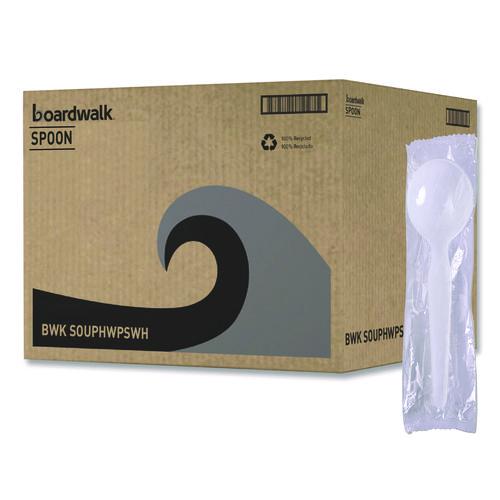 Image of Boardwalk® BWKSOUPHWPSWH Heavyweight Polystyrene Cutlery, Soup Spoon, Plastic, White, 1,000/Carton