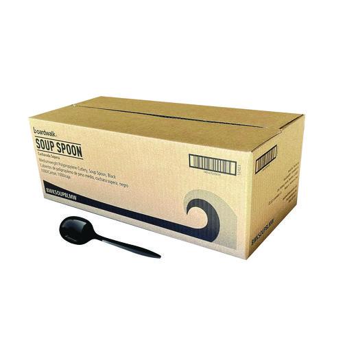 Image of Boardwalk® BWKSOUPBLMW Mediumweight Polypropylene Cutlery, Soup Spoon, Plastic, Black, 1,000/Carton