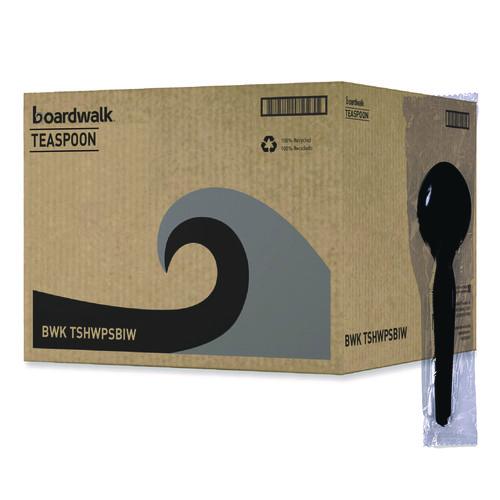 Image of Boardwalk® BWKTSHWPSBIW Heavyweight Wrapped Polystyrene Cutlery, Spoon, Plastic, Black, 1,000/Carton