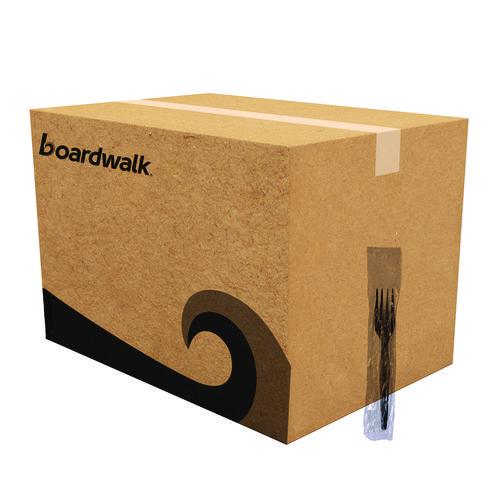 Image of Boardwalk® BWKFORKHWPSBIW Heavyweight Wrapped Polystyrene Cutlery, Fork, Plastic, Black, 1,000/Carton