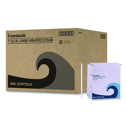 Image of Boardwalk® BWKJSTW775CLR Wrapped Jumbo Straws, 7.75", Polypropylene, Clear, 500/Pack, 24 Packs/Carton