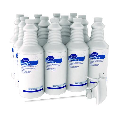 Image of Diversey 04705. Glance Glass and Multi-Surface Cleaner, Original, 12 Capped 32 oz Bottles and One Trigger Sprayer, 12/Carton