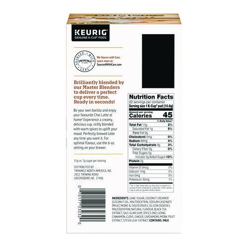Image of TWININGSÂ® Tea K-Cups, Chai Tea with Non-Fat Milk and Sweetener, 25% Less Sugar, 0.53 oz K-Cups, 22/Box