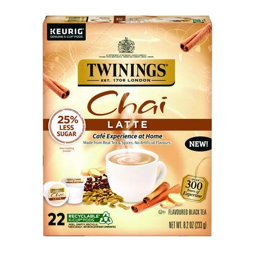 Image of TWININGSÂ® Tea K-Cups, Chai Tea with Non-Fat Milk and Sweetener, 25% Less Sugar, 0.53 oz K-Cups, 22/Box