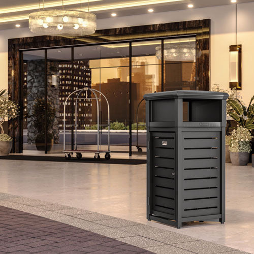 Image of Suncast Commercial® MTCSQ300 Outdoor Decorative Metal Square Trash Can with Two-Way Lid, 29 gal, Plastic, Black