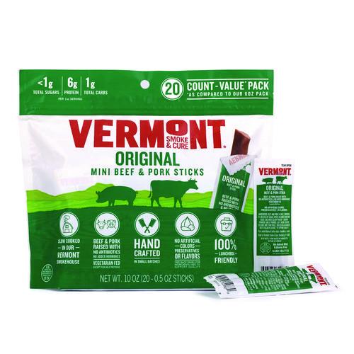 Image of Vermont Smoke and Cure® 606274331149 Original Flavor Mini Snack Sticks, Beef, 0.5 oz Individually Wrapped, 20/Carton