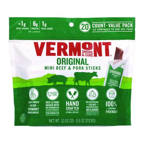 Image of Vermont Smoke and Cure® 606274331149 Original Flavor Mini Snack Sticks, Beef, 0.5 oz Individually Wrapped, 20/Carton