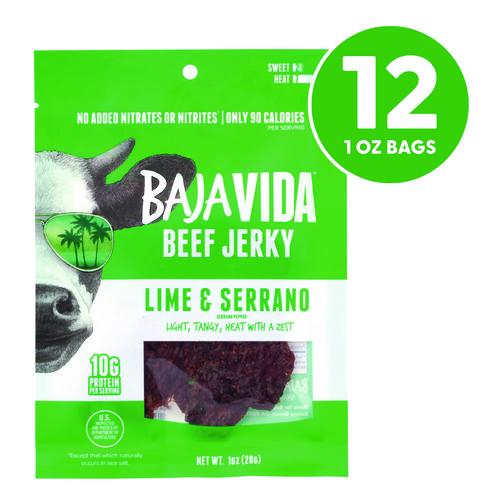 Image of Baja Jerky 00850045035591 Beef Jerky Lime and Serrano Pepper Snack Pack, Lime and Serrano Pepper, 1 oz Packet, 12/Carton