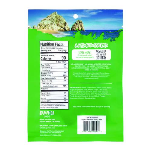 Image of Baja Jerky 00850045035591 Beef Jerky Lime and Serrano Pepper Snack Pack, Lime and Serrano Pepper, 1 oz Packet, 12/Carton