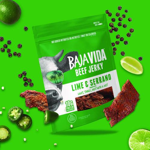 Image of Baja Jerky 00850045035591 Beef Jerky Lime and Serrano Pepper Snack Pack, Lime and Serrano Pepper, 1 oz Packet, 12/Carton