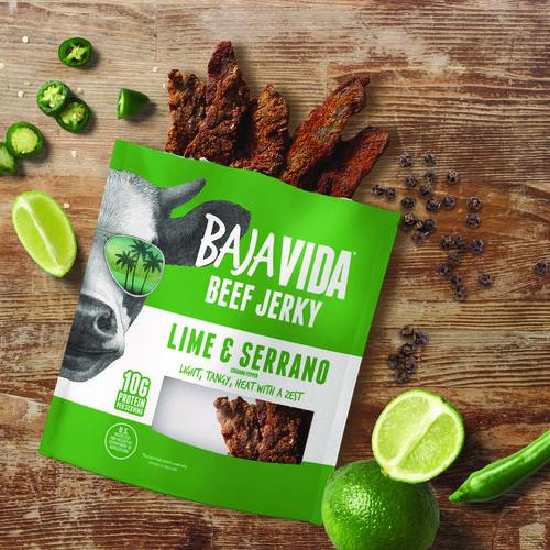 Image of Baja Jerky 00850045035591 Beef Jerky Lime and Serrano Pepper Snack Pack, Lime and Serrano Pepper, 1 oz Packet, 12/Carton