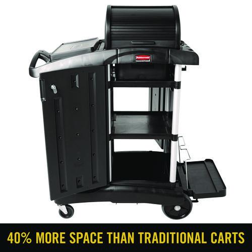 Image of Rubbermaid® Commercial 1861427 Executive High Security Janitorial Cleaning Cart, Plastic, 4 Shelves, 1 Bin, 23.1" x 39.6" x 27.5", Black