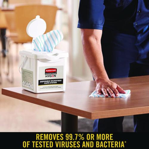 Image of Rubbermaid® Commercial HYGEN 2134283 Disposable Microfiber Cleaning Cloths, 12 x 12, White/Blue Stripe, 600/Carton