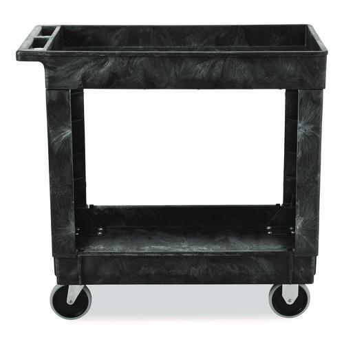 Image of Rubbermaid® Commercial FG9T6600BLA Heavy-Duty Flat-Handle Maintenance/Utility Cart, Plastic, 2 Shelves, 500 lb Capacity, 34.13" x 17.38" x 32.38", Black