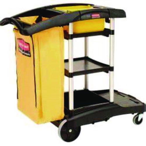 Image of Rubbermaid® Commercial HYGEN FG9T7300BLA HYGEN Microfiber Healthcare Cleaning Cart, Plastic, 3 Shelves, 5 Bins, 22" x 48.25" x 44", Yellow/Black/Silver