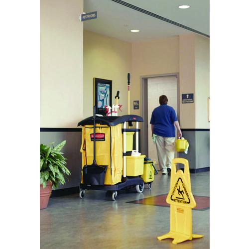 Image of Rubbermaid® Commercial HYGEN FG9T7300BLA HYGEN Microfiber Healthcare Cleaning Cart, Plastic, 3 Shelves, 5 Bins, 22" x 48.25" x 44", Yellow/Black/Silver