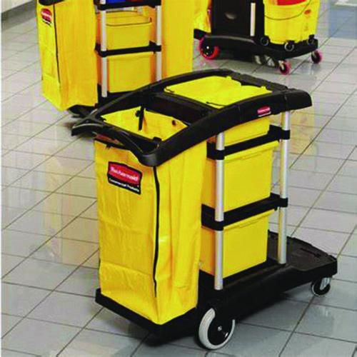 Image of Rubbermaid® Commercial HYGEN FG9T7300BLA HYGEN Microfiber Healthcare Cleaning Cart, Plastic, 3 Shelves, 5 Bins, 22" x 48.25" x 44", Yellow/Black/Silver