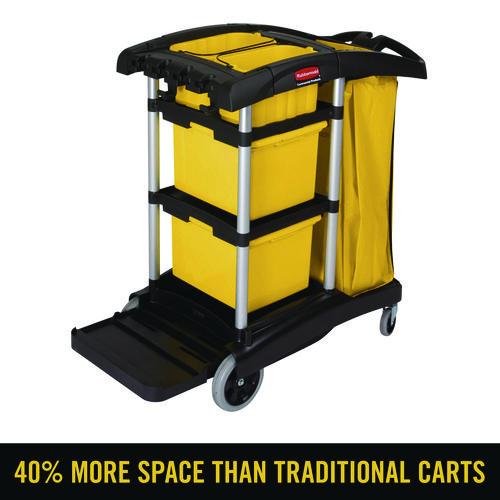 Image of Rubbermaid® Commercial HYGEN FG9T7300BLA HYGEN Microfiber Healthcare Cleaning Cart, Plastic, 3 Shelves, 5 Bins, 22" x 48.25" x 44", Yellow/Black/Silver