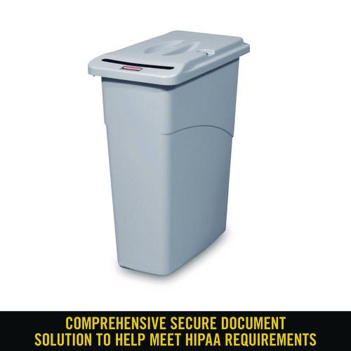 Image of Rubbermaid® Commercial FG9W1500LGRAY Slim Jim Confidential Document Waste Receptacle with Lid, 23 gal, Light Gray