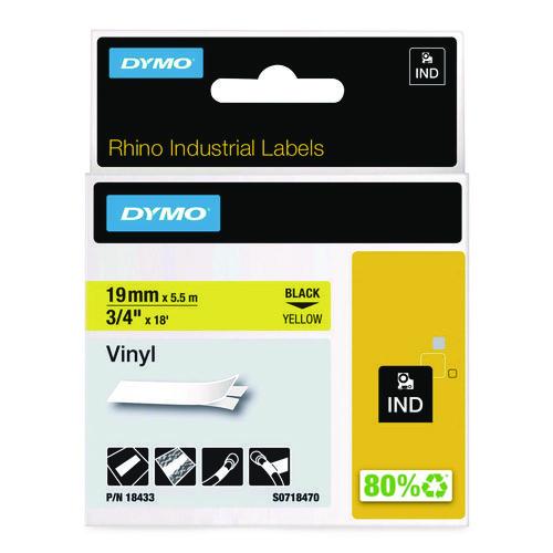 Image of DYMO® 18433 Rhino Permanent Vinyl Industrial Label Tape, 0.75" X 18 Ft, Yellow/black Print